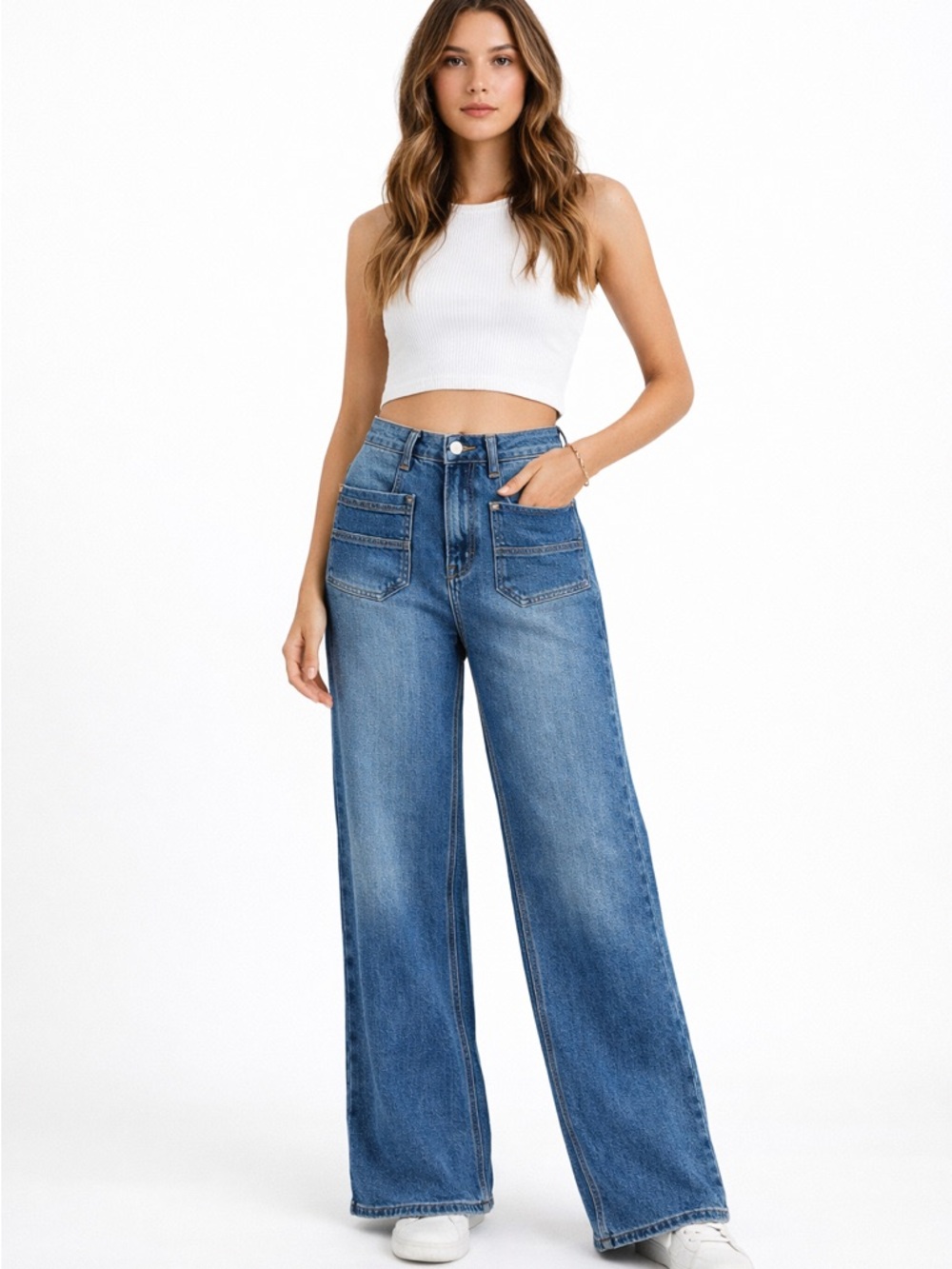 Vibrant Medium Blue Wide-Leg Denim Jeans